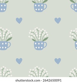 Lily of the Valley in cup Seamless Pattern. Cute floral background with pastel colored small flowers and hearts. Repeat vector illustration in flat style