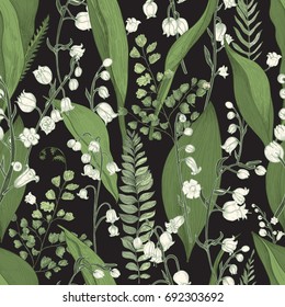 Lily of the valley with fern seamless pattern. Hand drawn  texture with flowers, buds, leaves and stems. Colorful vector illustration.