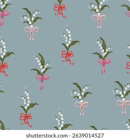 Lily Of the Valley Flower bouquet Coquette Bow Vintage ribbon seamless Pattern satin bow texture