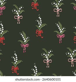 Lily Of the Valley Flower bouquet Coquette Bow Vintage ribbon seamless Pattern satin bow texture