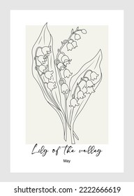 Lily of the valley flower line art vector illustration. Trendy minimalist wall art. Hand drawn black ink sketch. May birth month flower for jewelry, tattoo, logo, branding and packaging design.