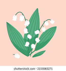 Lily Of The Valley Flower On Pastel Beige Background. White Spring Flower. Flat Hand Drawn Cartoon Vector Illustration.