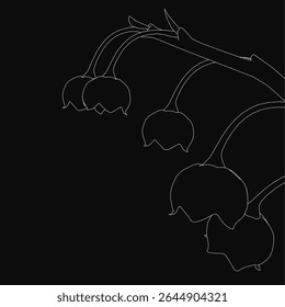 Lily of the valley flowers in a black and white drawing, their delicate petals outlined in white against a dark background. The stark contrast highlights the elegant simplicity of the blossoms.