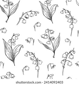 Lily of the valley flowers,  botanical illustrations, floral seamless pattern. Hand drawn vector sketches