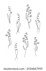 Lily valley, forget-me-not branch colorless black contour line drawing tattoo flower, nature, botany. Minimalist contour drawing. One line artwork. Editable stroke