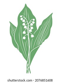 Lily of the valley. Green vector silhouette of lily of the valley sprig with flowers and leaves isolated on white background.