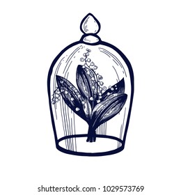 Lily of the valley hand drawn Isolated vector illustration. Bouquet in a glass. Glass Domes with flowers. Universal templates for invitation or packaging. Engraving