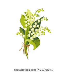 Lily Of The Valley Hand Drawn Realistic Flat Vector Illustration In Artistic Painting Style On White Background