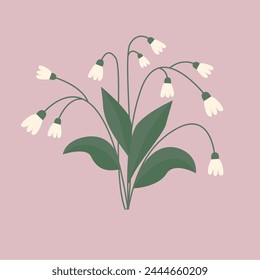 Lily of the valley icon. Convallaria white flower set. Green leaves. Flat design. Hello spring. Modern minimalist design for wall art, poster, greeting cards. Pink background. Vector illustration