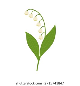 Lily do vale ilustração em estilo vetor plano com delicadas flores de sino branco e folhas verdes, lírio do vale símbolo de primavera, elemento floral suave para cartões, impressões, desenhos infantis,