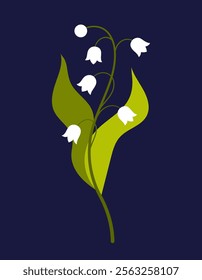 Lily of the valley illustration. Spring flower on dark blue background. Floral print for decoration. Forest wild flowers with leaves.