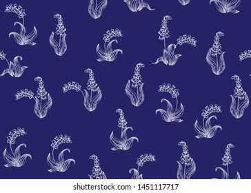 Lily of the valley. Imitation of traditional Japanese embroidery Sashiko. Spring flowers. Seamless pattern, background. Vector illustration. On navy blue background.	