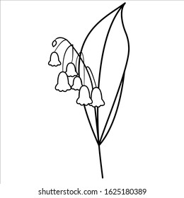 Lily of the valley with leaf. Flower icon. Sprig flower in doodle style. Spring summer flower in doodle style. Simple black and white illustration.