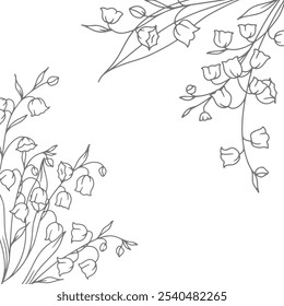 Lily of the Valley Line Art. Botanical Background trendy minimalist flowers. Hand drawn floral background template. Floral Line Art Illustration. 