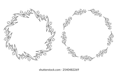 Lily of the Valley Line Art. Trendy floral branches and flowers. Botanical Line Art Spring Collection. Hand drawn line art lily of the valley flowers. Luxury Line Floral Art. 