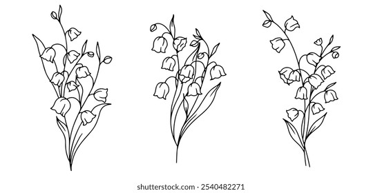 Lily of the Valley Line Art. Trendy floral branches and flowers. Botanical Line Art Spring Collection. Hand drawn line art lily of the valley flowers. Luxury Line Floral Art. 