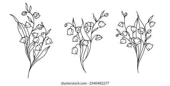 Lily of the Valley Line Art. Trendy ramos florais e flores. Coleção de Mola de Arte de Linha Botânica. Lírio desenhado à mão da arte da linha das flores do vale. Luxo Linha Floral Arte. 