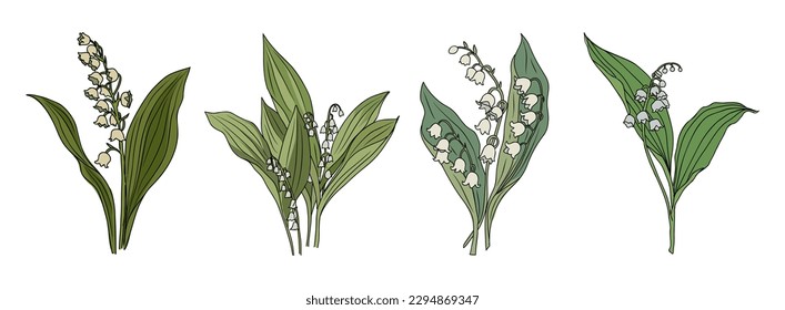 Lily of The Valley May birth flower colorful vector illustration isolated on white background. Modern minimalist design for logo, tattoo, wall art, poster, greeting and invitation cards, stickers