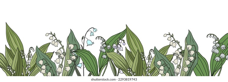 Lily of the Valley May birth month flower background. Gorgeous spring blooming wild flowers nature border. Modern template, overlay, banner vector colorful illustration isolated on white background