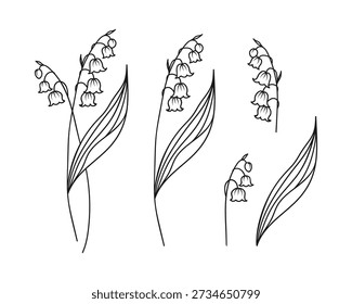 Lily of the Valley May Birth Month Flower Bundle, Hand Drawn Black Floral Illustration Set on White Background, Simple Tattoo Design