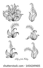 Lily of the valley, may-lily Element for design. Outline hand drawing vector illustration. In art nouveau style, vintage, old, retro style. In botanical style	