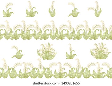 Lily of the valley, may-lily Seamless pattern, background. Colored vector illustration. In art nouveau style, vintage, old, retro style. Isolated on white background.	