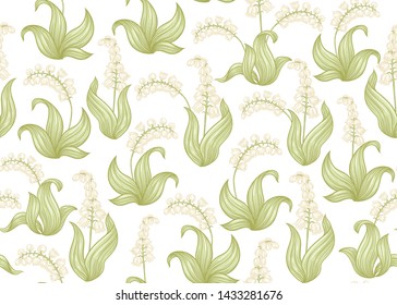 Lily of the valley, may-lily Seamless pattern, background. Colored vector illustration. In art nouveau style, vintage, old, retro style. Isolated on white background.	