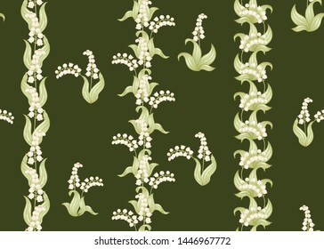 Lily of the valley, may-lily Seamless pattern, background. Vector illustration. In art nouveau style, vintage, old, retro style. on army green background.	