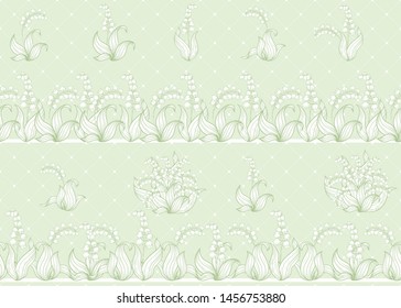 Lily of the valley, may-lily Seamless pattern, background. Vector illustration. In art nouveau style, vintage, old, retro style. On tea green background.	
