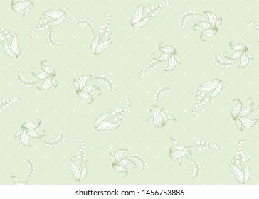 Lily of the valley, may-lily Seamless pattern, background. Vector illustration. In art nouveau style, vintage, old, retro style. On tea green background.	