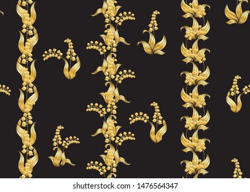 Lily of the valley, may-lily Seamless pattern, background. Vector illustration. In art nouveau style, vintage, old, retro style. In gold and black.	
