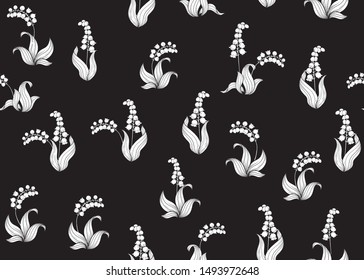Lily of the valley, may-lily Seamless pattern, background. Vector illustration. Black and white graphics. Vector illustration. In art nouveau style, vintage, old, retro style.	