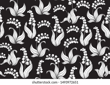 Lily of the valley, may-lily Seamless pattern, background. Vector illustration. Black and white graphics. Vector illustration. In art nouveau style, vintage, old, retro style.	