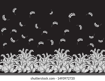 Lily of the valley, may-lily Seamless pattern, background. Vector illustration. Black and white graphics. Vector illustration. In art nouveau style, vintage, old, retro style.	