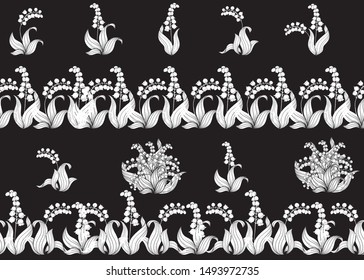 Lily of the valley, may-lily Seamless pattern, background. Vector illustration. Black and white graphics. Vector illustration. In art nouveau style, vintage, old, retro style.	