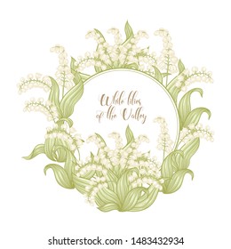 Lily of the valley, may-lily Template for wedding invitation, greeting card, banner, gift voucher, label. Colored vector illustration. In art nouveau style, vintage, old, retro style.	