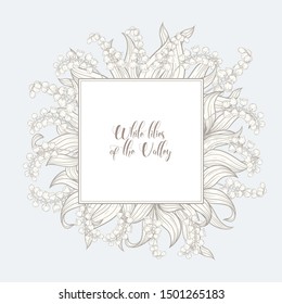 Lily of the valley, may-lily Template for wedding invitation, greeting card, banner, gift voucher, label. Vector illustration. In art nouveau style, vintage, old, retro style. In blue, beige colors
