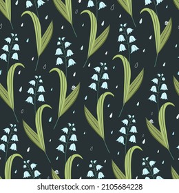 Lily of the valley plants pattern. Spring design with flowers, leaves, stems, raindrops and small snails