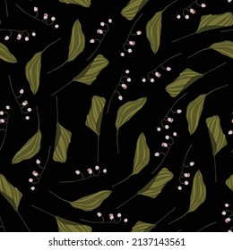 Lily of the valley seamless pattern. Hand drawn texture with flowers, buds, leaves . Line illustration.