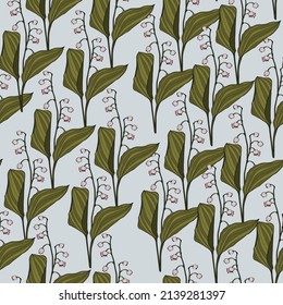 Lily of the valley seamless pattern. Hand drawn texture with flowers, buds, leaves . Line illustration.