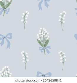 Lily of the valley Seamless Pattern with Tied Bow. Elegant Pastel colored floral background with small white flowers and knots. Girlie decorative repeat vector illustration