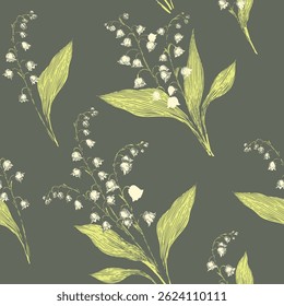 Lily of the valley seamless vector pattern. Graphic ink illustration repeat design for bed sheets, clothing, home textile, packaging. Sketch style hand drawn spring flowers.