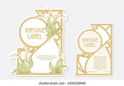 Lily of the valley. Set of 2 labels, decorative frames, borders. Good for product label. Vector illustration. In art nouveau style, vintage, old, retro style. Isolated on white background.	