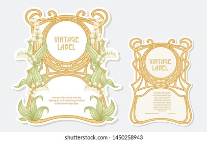 Lily of the valley. Set of 2 labels, decorative frames, borders. Good for product label. Vector illustration. In art nouveau style, vintage, old, retro style. Isolated on white background.	