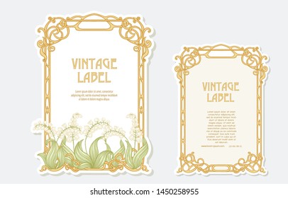 Lily of the valley. Set of 2 labels, decorative frames, borders. Good for product label. Vector illustration. In art nouveau style, vintage, old, retro style. Isolated on white background.	