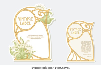 Lily of the valley. Set of 2 labels, decorative frames, borders. Good for product label. Vector illustration. In art nouveau style, vintage, old, retro style. Isolated on white background.	