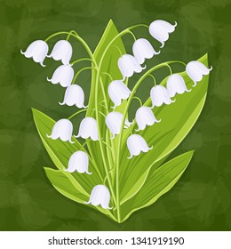 Lily of the valley, spring bouquet of delicate flower, vector illustration. White buds forest flowers bluebells, stalks and leaves isolated on green textural artistic background, card, design element