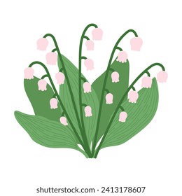 Lily of the valley spring flowers isolated in flat cartoon design. Beautiful tender blooming wildflowers with green fresh leaves. Springtime season romantic first plant. Vector illustration isolated