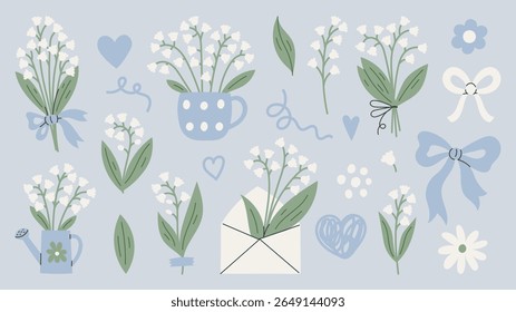 Lily of the Valley Spring Flowers Set. Hand drawn floral clipart with in pastel colors. Minimal botanical elements for seasonal designs, invitations, stickers, scrapbooking. Vector illustration