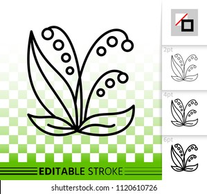 Lily Valley thin line icon. Outline web sign of flower. Plant linear pictogram with different stroke width. Simple vector symbol, transparent background. Lily Valley editable stroke icon without fill